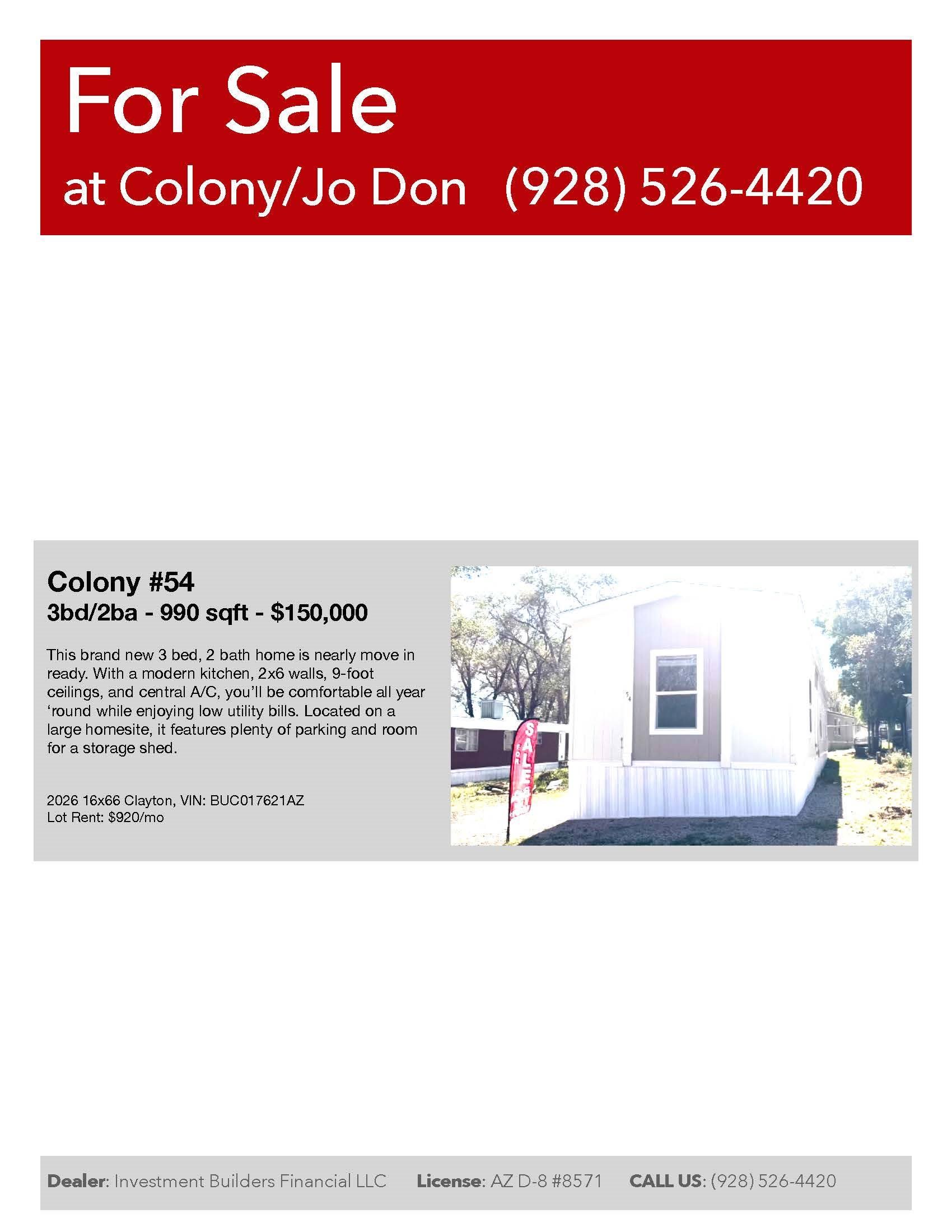 A house for sale at Colony/Jo Don with a phone number and a picture of the house.